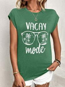 SHEIN LUNE Coconut Tree & Letter Graphic Tee - Green - View 3
