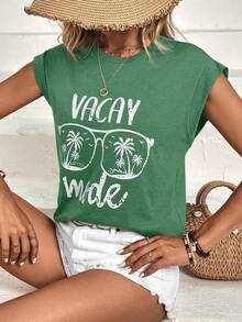 SHEIN LUNE Coconut Tree & Letter Graphic Tee - Green - View 4