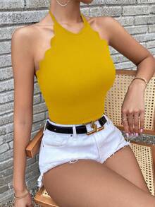 SHEIN Essnce Backless Halter Neck Scallop Trim Halter Top - Mustard Yellow - View 6