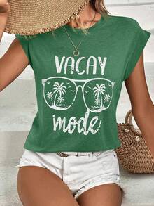 SHEIN LUNE Coconut Tree & Letter Graphic Tee - Green - View 5