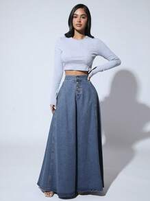 SHEIN SXY High Waist Button Fly Flare Hem Denim Skirt