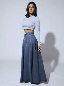 SHEIN SXY High Waist Button Fly Flare Hem Denim Skirt
