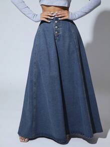 SHEIN SXY High Waist Button Fly Flare Hem Denim Skirt
