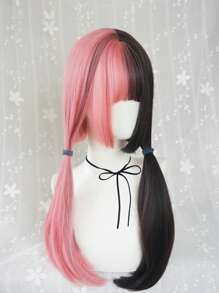 Synthetic Hair Long Straight Half Pink Half Brown 24 Inch Women's Wig With Blunt Bangs & 1pc Wig Cap - Two-Tone - View 3