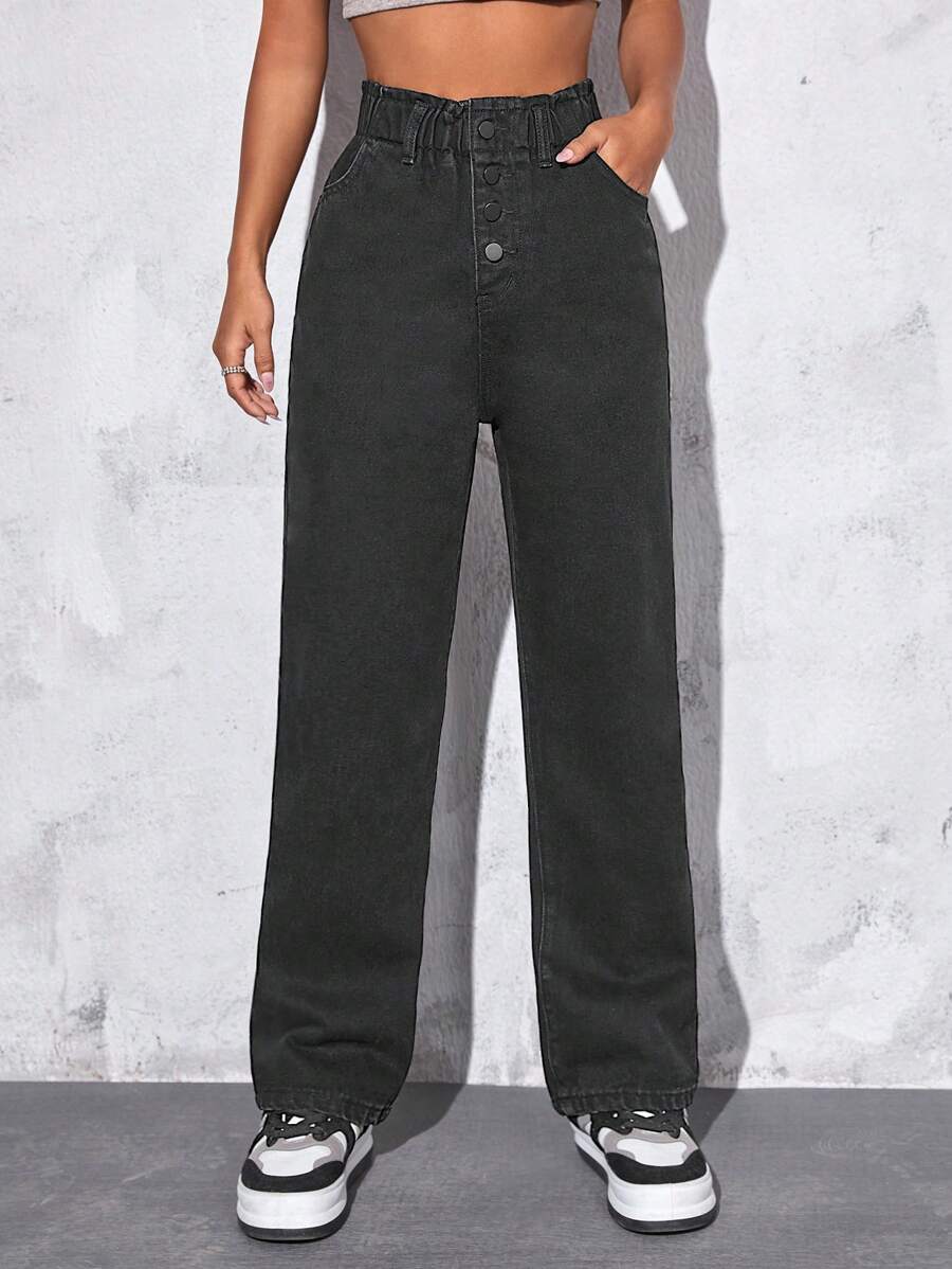 SHEIN EZwear 高腰直筒牛仔褲 - 黑色 - 查看 1