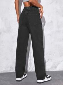 SHEIN EZwear 高腰直筒牛仔褲 - 黑色 - 查看 2