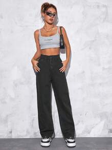 SHEIN EZwear 高腰直筒牛仔褲 - 黑色 - 查看 5