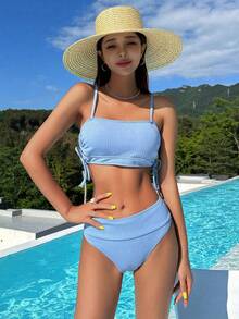 DAZY Bộ Bikini Nữ Dây kéo màu trơn - Màu xanh lam - Xem 9