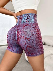 SHEIN Yoga Trendy Snakeskin Print Wideband Waist Sports Shorts - Multicolor - View 1