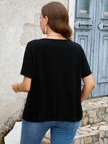 SHEIN LUNE 大碼彩虹條紋印花T恤 - 黑色 - 查看 2