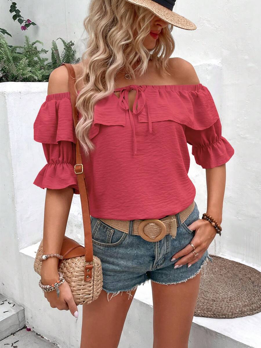 SHEIN VCAY 一字肩前繫帶荷葉邊喇叭袖襯衫 - 玫瑰紅 - 查看 1