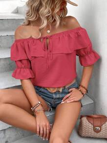 SHEIN VCAY 一字肩前繫帶荷葉邊喇叭袖襯衫 - 玫瑰紅 - 查看 5