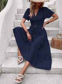 Breezaya Butterfly Sleeve Ruffle Hem Dress - Navy Blue - View 3