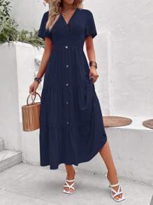 Breezaya Butterfly Sleeve Ruffle Hem Dress - Navy Blue - View 4
