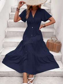 Breezaya Butterfly Sleeve Ruffle Hem Dress - Navy Blue - View 5