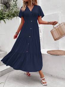 Breezaya Butterfly Sleeve Ruffle Hem Dress - Navy Blue - View 6
