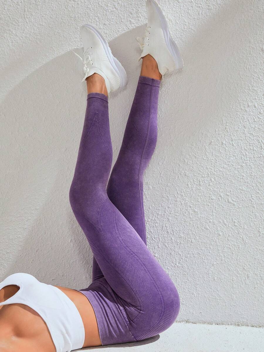 Yoga Basic 寬腰帶素色運動打底褲 - 紫色 - 查看 1