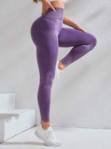 Yoga Basic 寬腰帶素色運動打底褲 - 紫色 - 查看 3