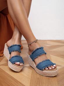女式露趾牛仔坡跟涼鞋，帶底，雙帶舒適厚底夏季度假涼鞋 - 藍色 - 查看 1