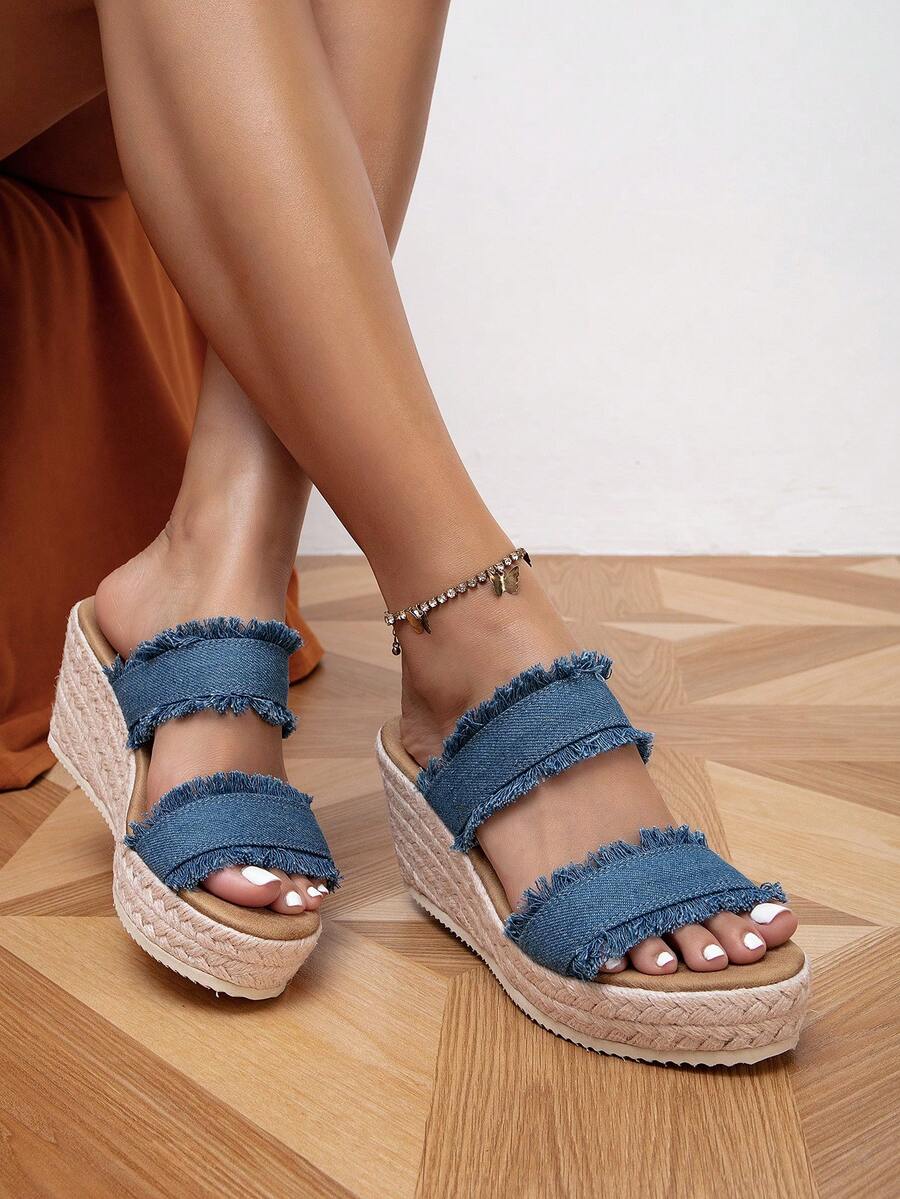 女式露趾牛仔坡跟涼鞋，帶底，雙帶舒適厚底夏季度假涼鞋 - 藍色 - 查看 1