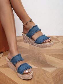 女式露趾牛仔坡跟涼鞋，帶底，雙帶舒適厚底夏季度假涼鞋 - 藍色 - 查看 3