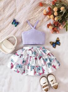 嬰兒條紋針織吊帶上衣和蝴蝶圖案層疊下擺裙子套裝 - 彩色 - 查看 1