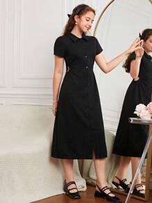 SHEIN Teen Girls Button Front Shirt Dress - Black - View 4