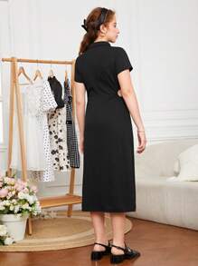 SHEIN Teen Girls Button Front Shirt Dress - Black - View 2