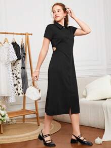 SHEIN Teen Girls Button Front Shirt Dress - Black - View 3