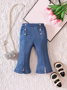 Baby Button Detail Split Hem Flare Leg Trousers - Blue - View 1