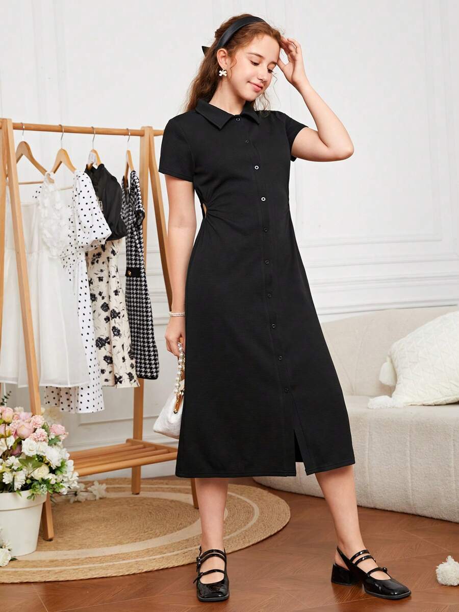 SHEIN Teen Girls Button Front Shirt Dress - Black - View 1