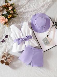 Baby Girl Button Up Belted Top & Shorts & Hat Set - Lilac Purple - View 1