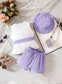 Baby Girl Button Up Belted Top & Shorts & Hat Set - Lilac Purple - View 2