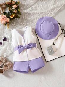 Baby Girl Button Up Belted Top & Shorts & Hat Set - Lilac Purple - View 3