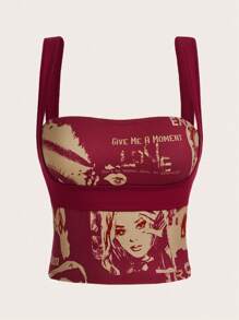 SHEIN ICON 人物与口号图案宽肩带上衣 给我一点时间爱 不要成为别人，做你自己 - 彩色 - 查看 1