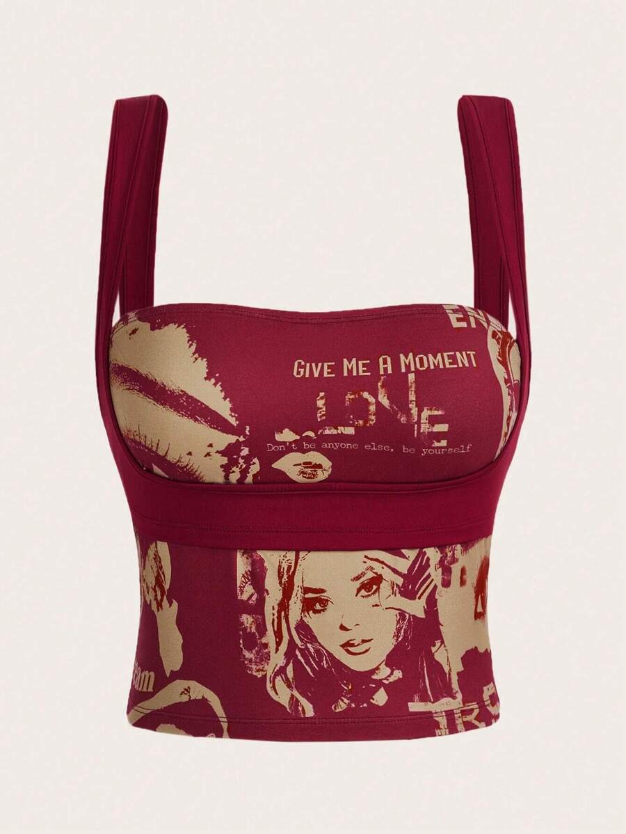 SHEIN ICON 人物与口号图案宽肩带上衣 给我一点时间爱 不要成为别人，做你自己 - 彩色 - 查看 1