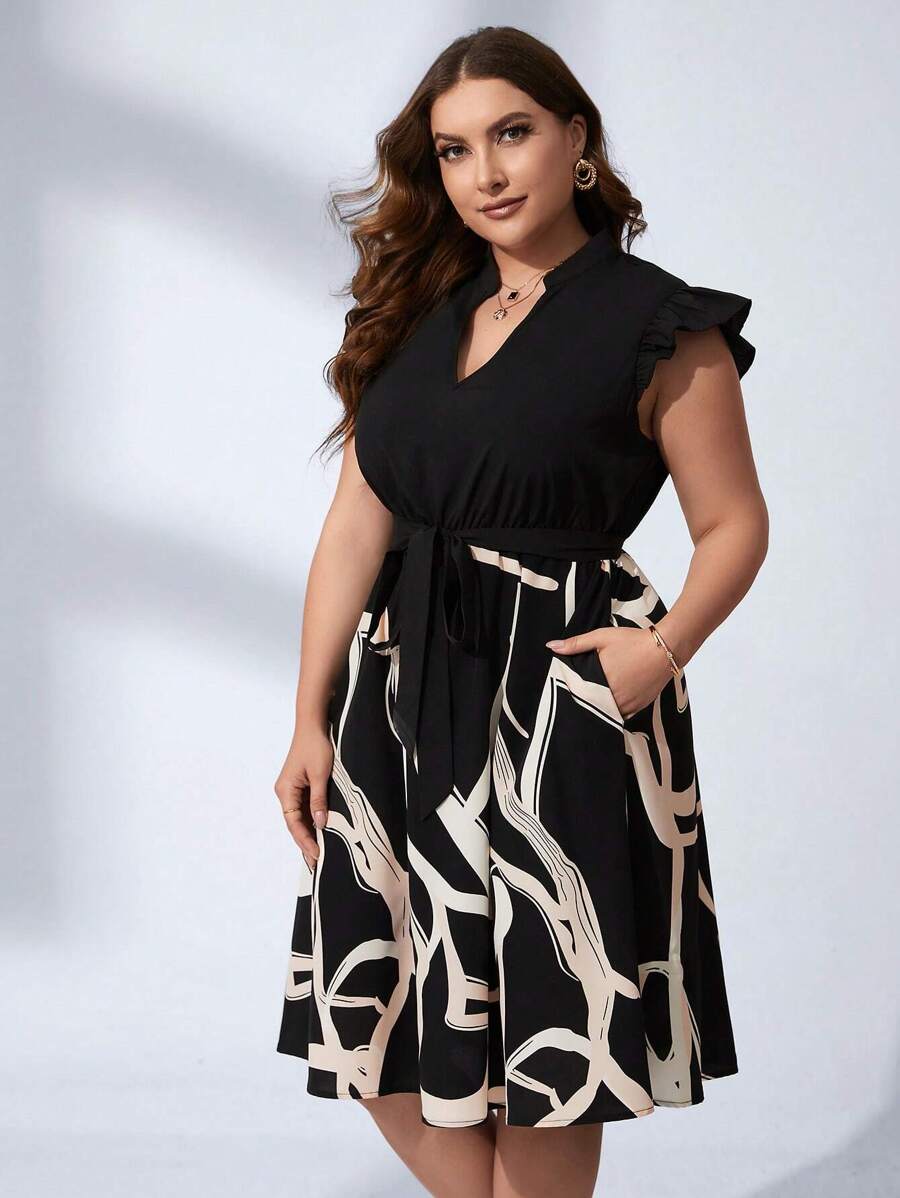 Chikora 大碼圖案印花缺口領荷葉邊繫腰帶連衣裙