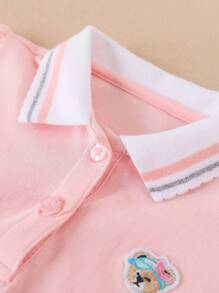 Toddler Girls Cartoon Patched Detail Polo Neck Tee - Pink - View 3