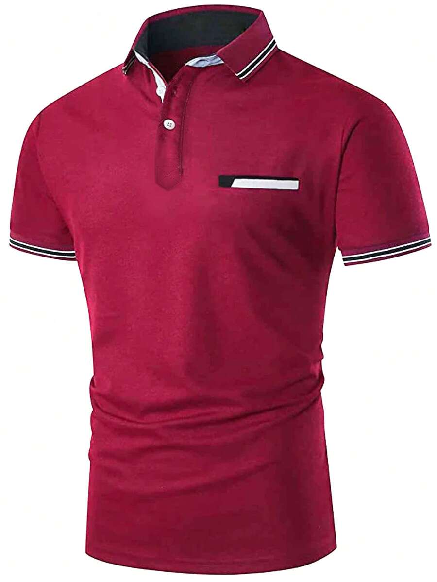 Áo thun có cổ Nam Nút phía trước Sọc Giải trí - Màu Đỏ Sâu - Xem 1