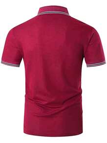 Áo thun có cổ Nam Nút phía trước Sọc Giải trí - Màu Đỏ Sâu - Xem 2