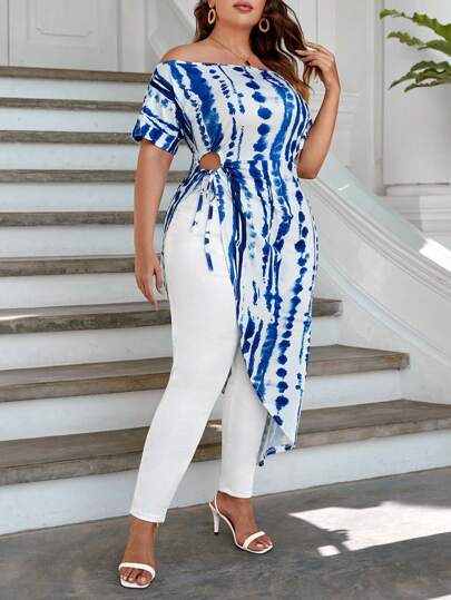 SHEIN VCAY Plus Size Boho Tie Dye Off Shoulder Knot Side Asymmetrical Hem Tee, For Summer