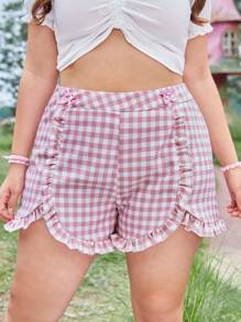 ROMWE Kawaii Shorts con estampado de guingán ribete con fruncido - Multicolor - Ver 1