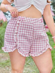 ROMWE Kawaii Shorts con estampado de guingán ribete con fruncido - Multicolor - Ver 3