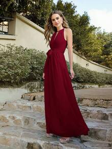 BABYONLINE D.R.E.S.S. Cut Out Front Belted Halter Dress - Burgundy - View 3