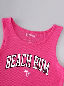 SHEIN EZwear Áo khoác và áo lót dành cho xe tăng nữ Gân đan Lá thư Nhiệt đới Giải trí - Màu Hồng Tươi - Xem 4