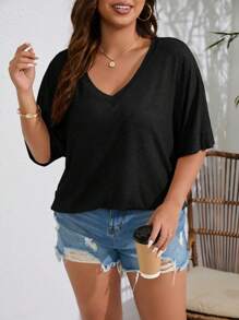 INAWLY Plus Solid Batwing Sleeve Tee - Black - View 1
