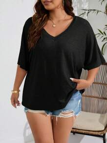 INAWLY Plus Solid Batwing Sleeve Tee - Black - View 3