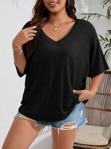 INAWLY Plus Solid Batwing Sleeve Tee - Black - View 4