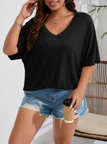 INAWLY Plus Solid Batwing Sleeve Tee - Black - View 5
