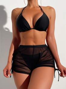 Bộ Bikini Nữ Dây kéo Buộc lại màu trơn - màu đen - Xem 3